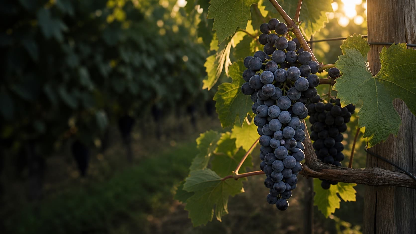 Ripe blue-black Cabernet Cortis bunch in warm vineyard light