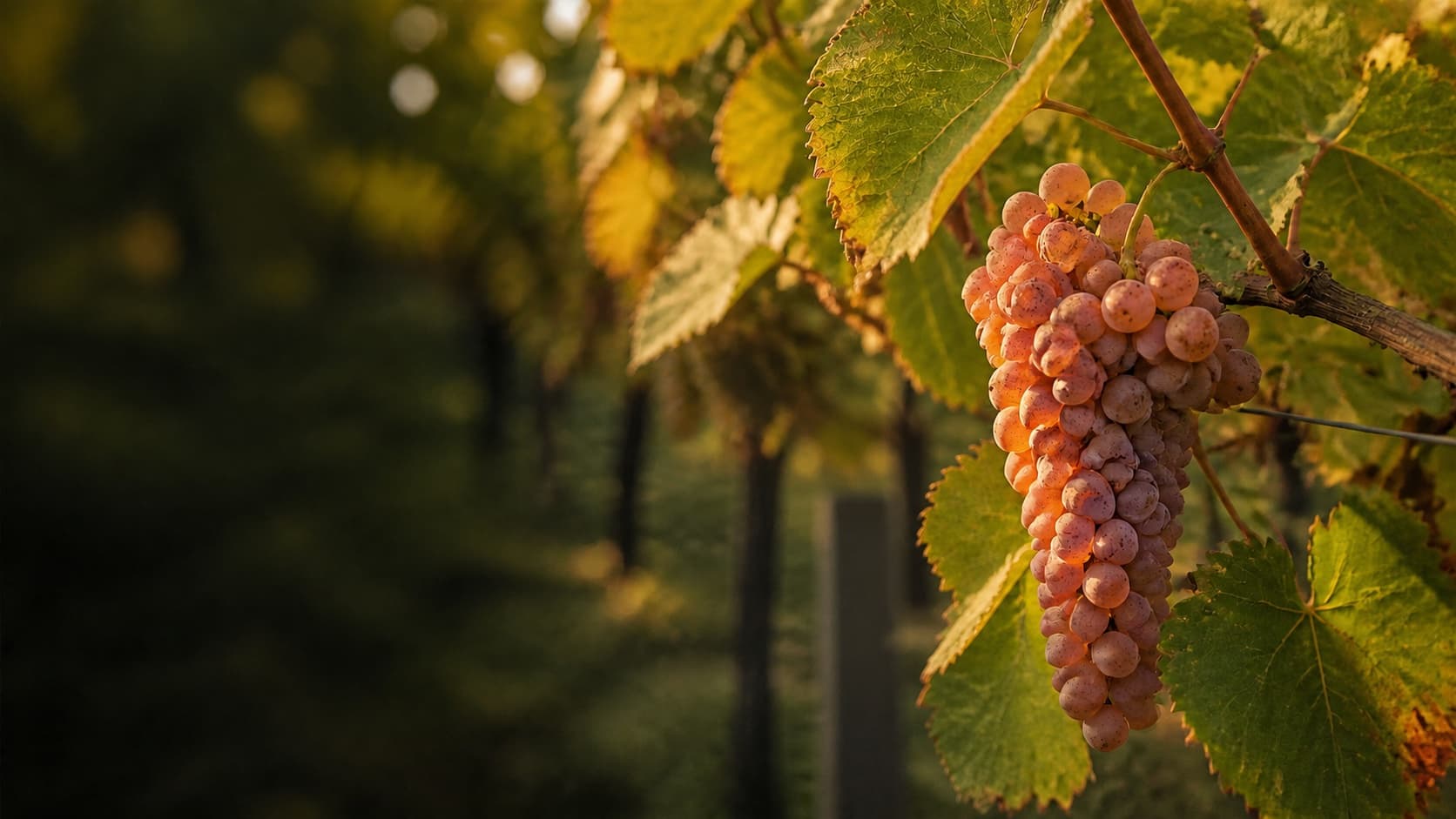 Ripe rose-copper Gewürztraminer bunch in warm vineyard light