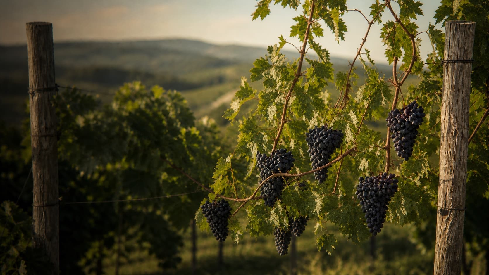 Naturally trained Pinot Noir vines with ripe blue-black bunches