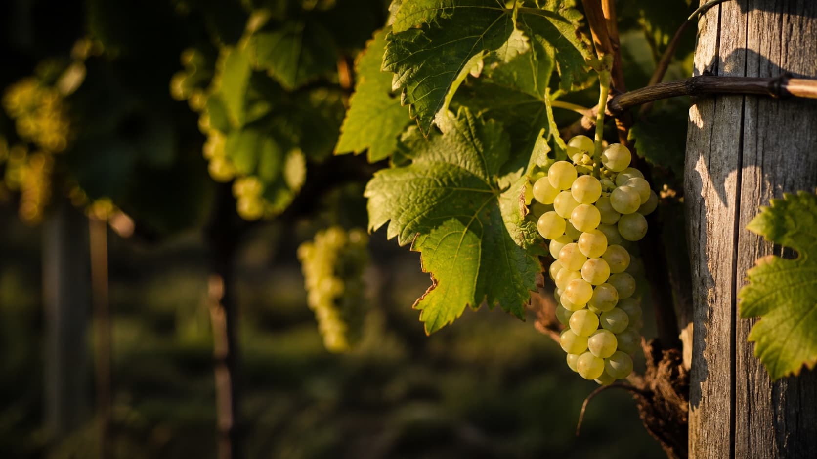 Ripe pale-gold St. Pepin bunch in warm vineyard light